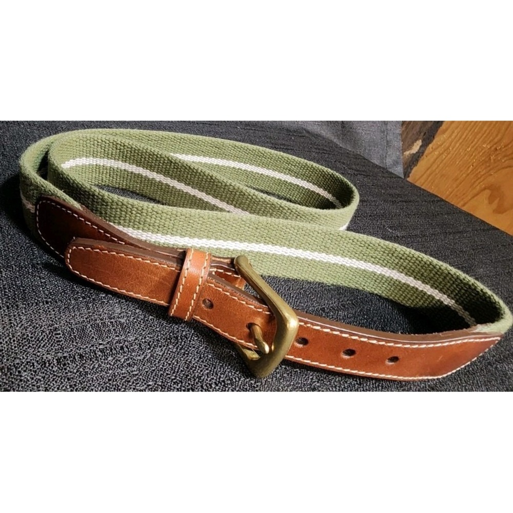Lands End Golf Belt‎ Mens 40 Olive Green Canvas Web Leather Brass Buckle Casual